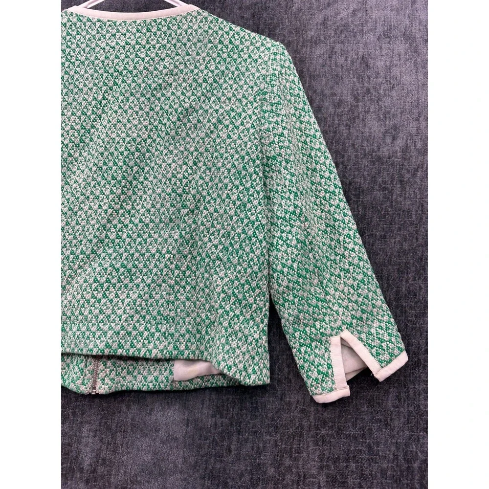 Cabi Cropped Jacket Womens 6 Green White Textured Tweed 3/4 Sleeve Full Zip‎